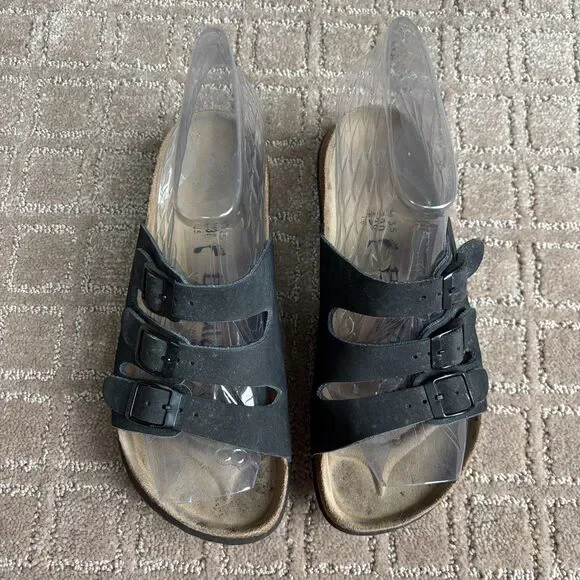 Betula Birkenstock Triple Strap Buckle Sandal Womens 5 Black Slip On Casual Boho - Picture 2 of 8